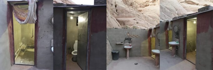 Bedouin Directions Camp in Wadi Rum - Jordan; The bathroom amenities include 3 Western-styled toilets, a shower, and 2 sinks!