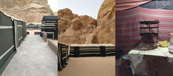 Camping Overnight in Wadi Rum with Bedouin Directions | The tents are clustered together so you never feel alone // Another view of the camp // Dinner (cooked with the zarb) is served!