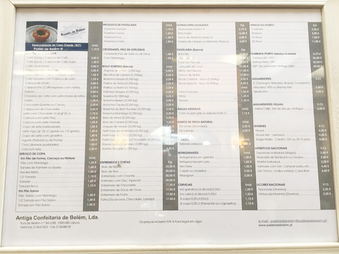 Pasteis de Belem Menu as of November 2017