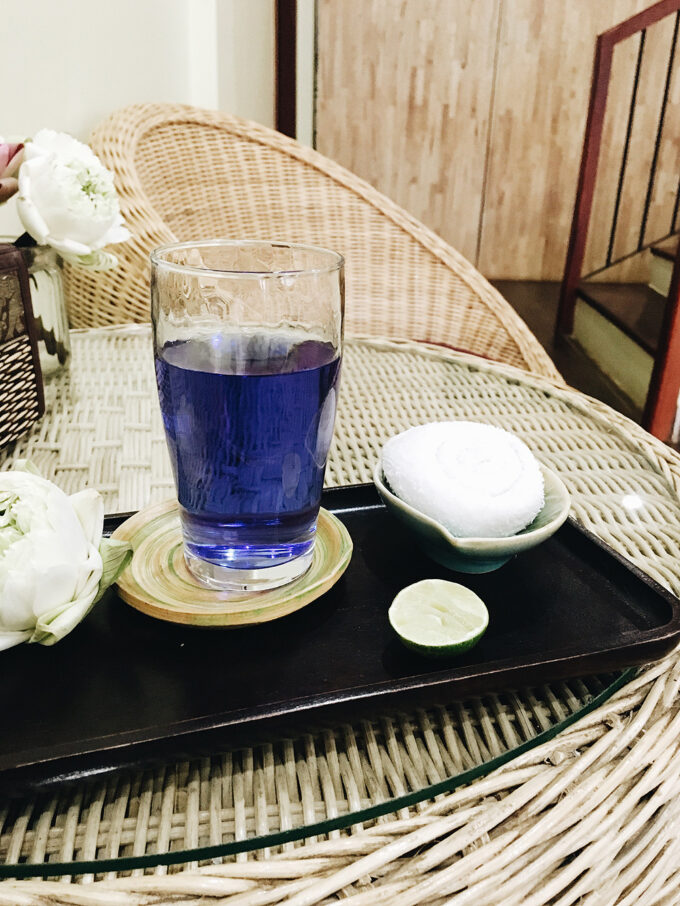 Waiting for an incredible massage with a welcome butterfly pea tea (Color changing tea!) in Siem Reap!