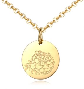 Round Disc Engraved Floral Pendant Necklace